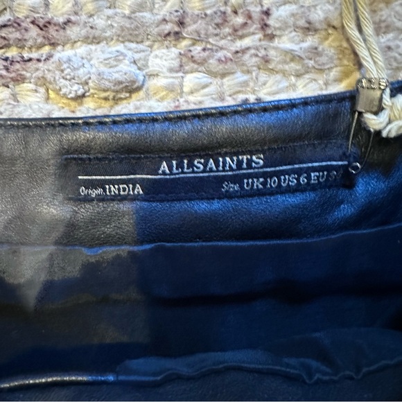 NWT All Saints Black Leather Midi Skirt w/ angular slit, pockets & front zipper - Picture 7 of 13